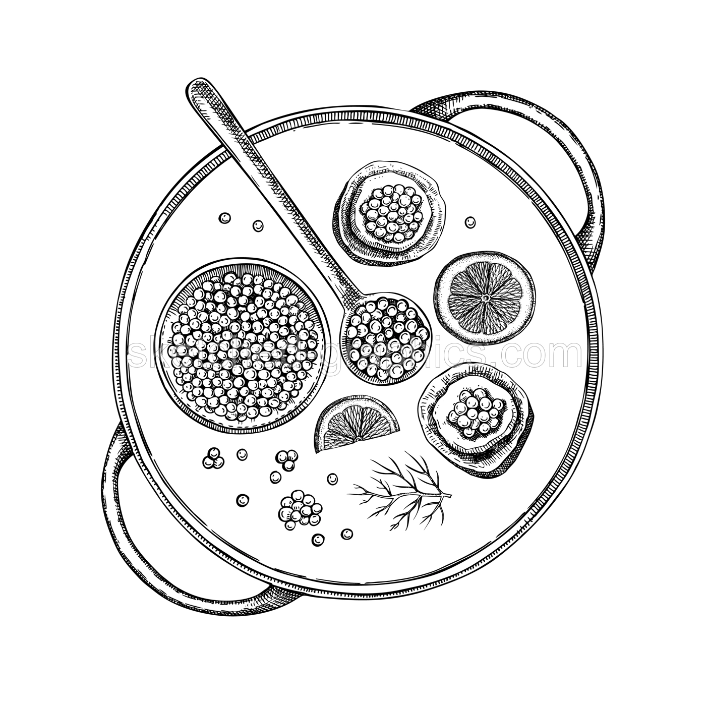 Hand-drawn tray with canned caviar, red caviar canape, lemons and dill illustrations. Finger food sketches set. Seafood delicacy drawings in sketched style isolated on white background Illustration